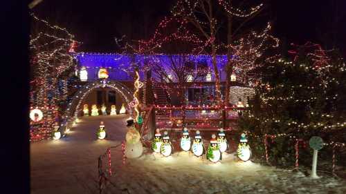 A festive winter scene with colorful lights, snow, and cheerful snowman and penguin decorations.