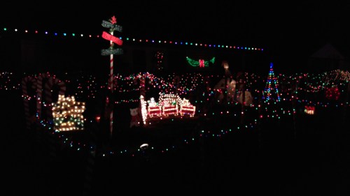 A festive display of colorful Christmas lights and decorations in a dark setting, featuring trees, candy canes, and figures.
