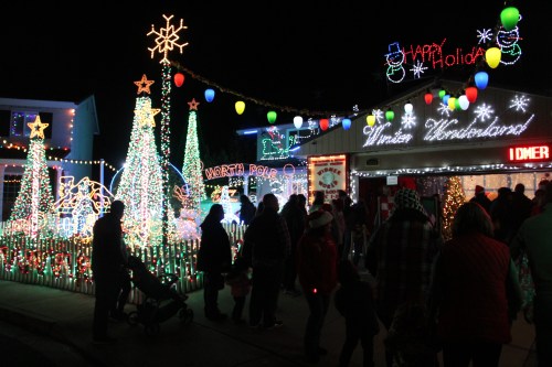 A festive display of colorful holiday lights with people walking by, featuring trees and decorations in a winter wonderland.