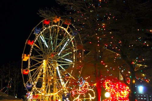 A brightly lit ferris wheel surrounded by colorful holiday lights at night.