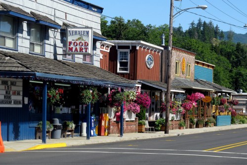 Quaint street view of Nehalem, featuring colorful storefronts and vibrant flower displays.