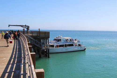 A boat docked at a pier with people walking along the wooden walkway by the calm blue ocean.