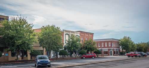 A quiet street lined with trees and historic buildings, featuring parked cars and a cloudy sky.