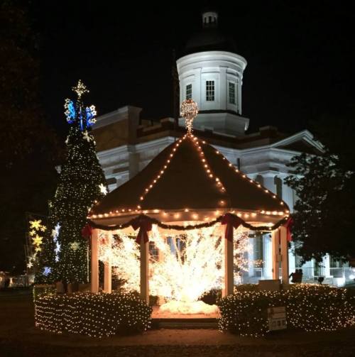 A beautifully lit gazebo surrounded by festive decorations and a tall Christmas tree at night.