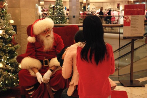 A child sits on Santa's lap in a festive mall setting, while a woman watches nearby. Christmas decorations are visible.