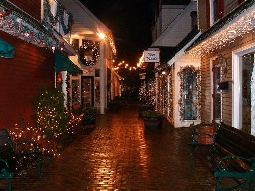 A charming, dimly lit alleyway decorated with festive lights and greenery, lined with shops and benches.