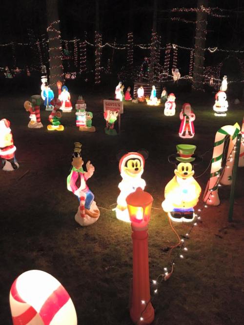 Colorful holiday decorations featuring illuminated characters in a festive outdoor display.
