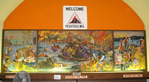 Mural depicting scenes of a fire in Peshtigo, Wisconsin, with sections labeled "Before," "During," and "After the Fire."