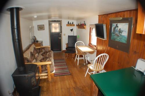 Cozy interior of a small cabin featuring a sofa, dining table, TV, and wood stove with wooden accents.