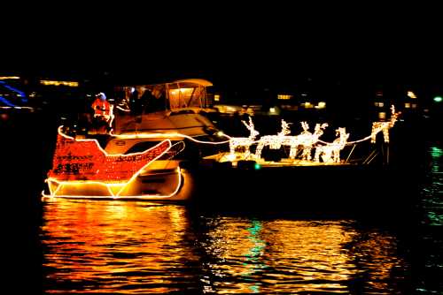 A decorated boat with festive lights and reindeer, reflecting on the water at night.