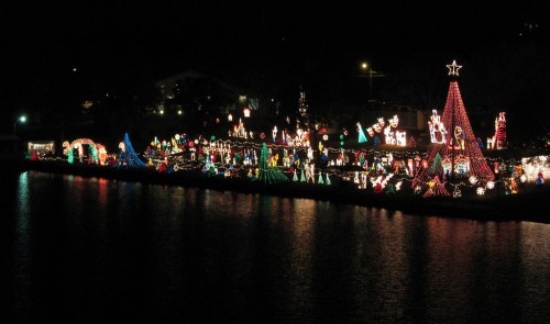 A vibrant display of colorful Christmas lights along a waterfront at night, featuring trees and festive decorations.