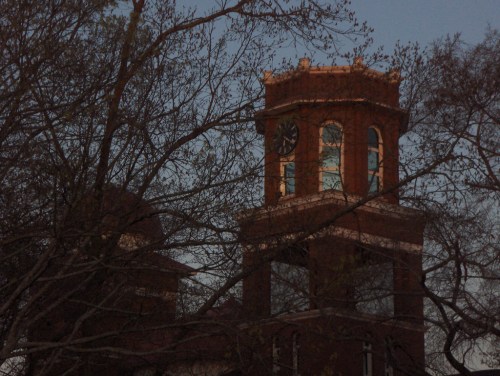 A historic brick clock tower peeks through bare tree branches at dusk.