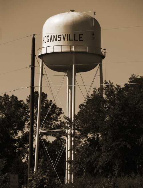 A tall water tower with "Hogansville" written on it, surrounded by trees and power lines, in a sepia tone.