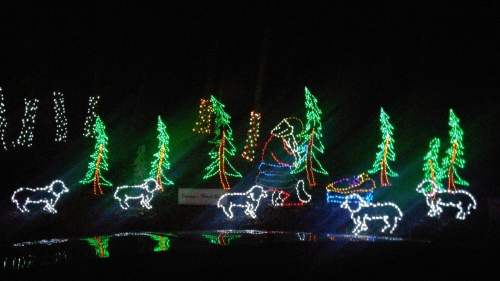 Colorful holiday lights depicting a Santa figure with trees and sheep in a nighttime setting.