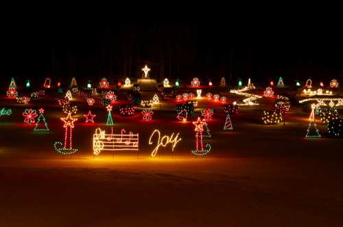 A festive display of colorful Christmas lights in various shapes, including trees, stars, and the word "Joy."