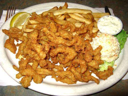 A plate of fried fish, French fries, coleslaw, and a lemon wedge, served with a side of tartar sauce.