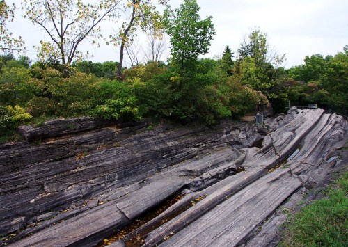A rocky landscape with smooth, layered stone formations and lush greenery in the background under a cloudy sky.
