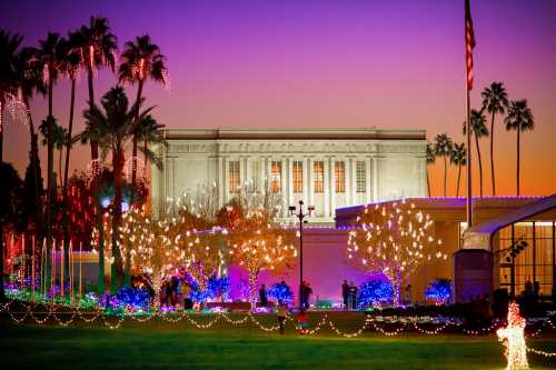 A festive scene with colorful lights adorning trees and buildings against a sunset sky, featuring palm trees and holiday decorations.