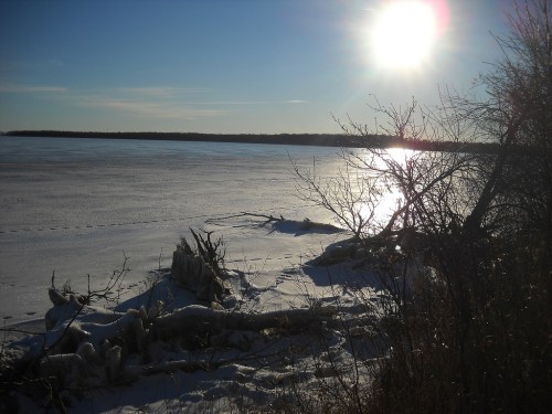 A frozen lake under a bright sun, with snow-covered land and bare trees in the foreground.
