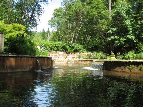 A serene landscape featuring a calm waterway with small waterfalls, surrounded by lush greenery and colorful flowers.