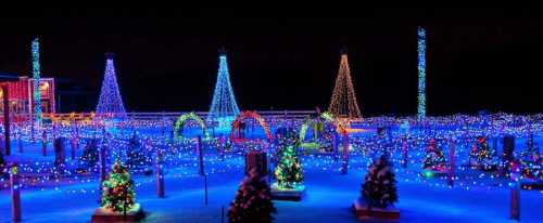 A winter scene with colorful Christmas lights illuminating trees and decorations in a snowy landscape at night.