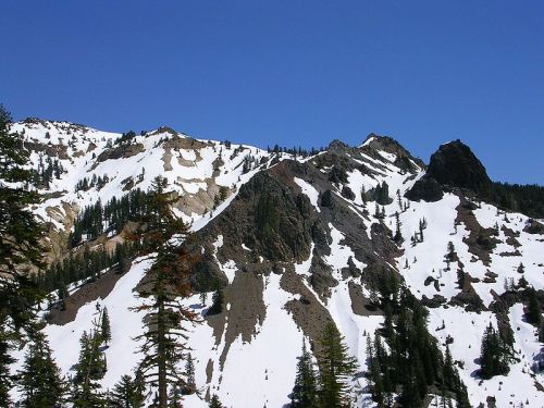 Snow-covered mountain peaks rise against a clear blue sky, surrounded by evergreen trees.