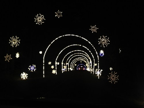 A dark road illuminated by festive lights forming arches and snowflake shapes, creating a magical winter scene.