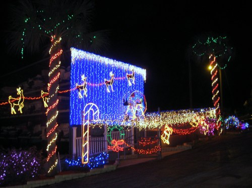 A brightly lit house decorated with colorful Christmas lights and festive decorations, surrounded by palm trees.