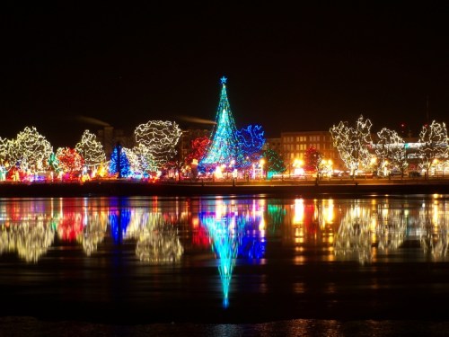A brightly lit Christmas tree and festive lights reflect on a calm body of water at night.