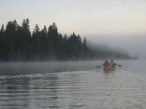 Two people in a red canoe paddle through a misty lake surrounded by evergreen trees at dawn.