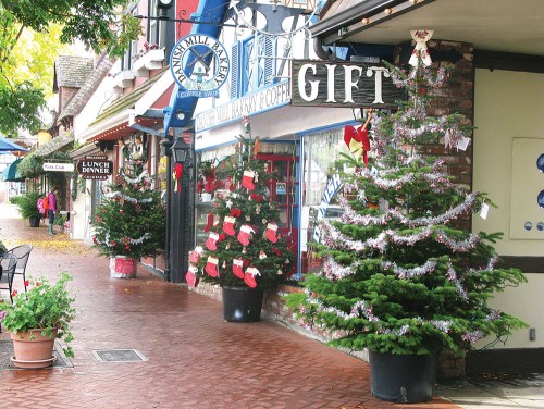 A festive street scene with decorated Christmas trees and shops adorned with holiday decorations.