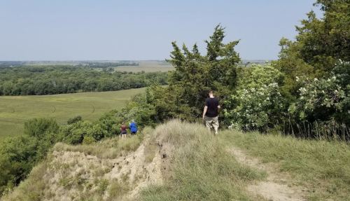 Two hikers explore a grassy ridge overlooking a lush green landscape under a clear blue sky.