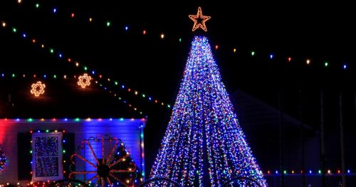 Christmas tree lights in front of a house in Kansas