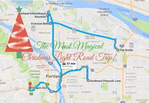 Map of a Christmas light road trip in Portland, featuring a route with key locations and a festive tree illustration.