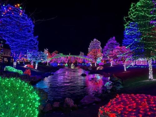 A vibrant display of colorful holiday lights illuminating trees and a bridge over a reflective waterway at night.