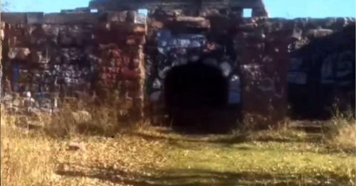 A weathered stone structure with a dark archway, surrounded by overgrown grass and scattered leaves.