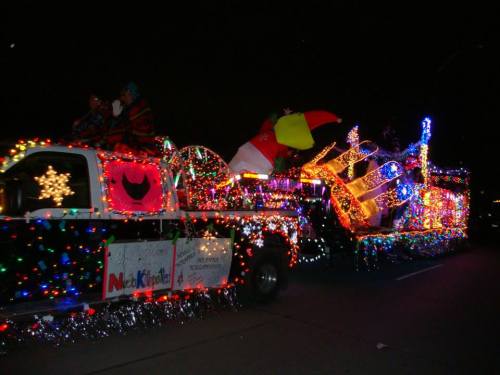 A brightly lit parade float adorned with colorful lights and festive decorations, moving through a night scene.