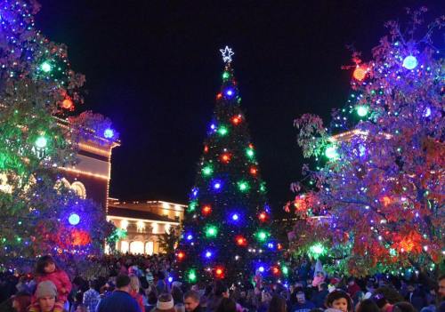 A festive scene with a large Christmas tree adorned with colorful lights, surrounded by a crowd and decorated trees at night.