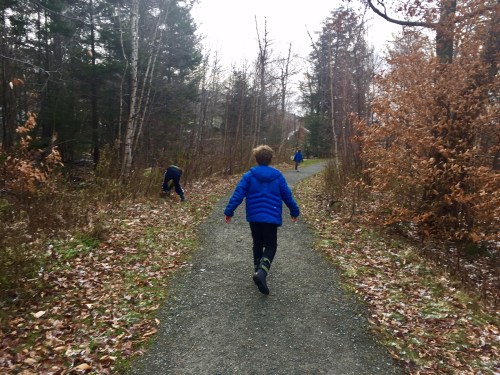 Two children walking on a gravel path through a wooded area with autumn foliage.