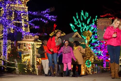 A group of people, including children, enjoy a festive night walk among colorful holiday lights.