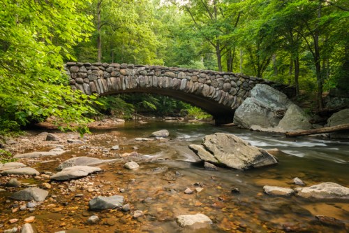 A stone arch bridge spans a serene creek, surrounded by lush green trees and rocky riverbanks.