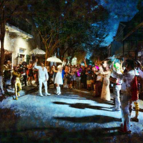 A lively street scene at night with a crowd gathered around performers in costumes, illuminated by soft lights.