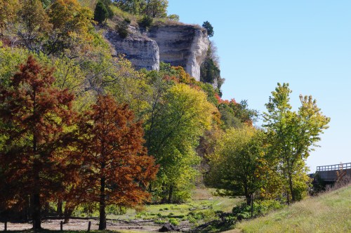 A scenic view of colorful trees and a rocky cliff under a clear blue sky.