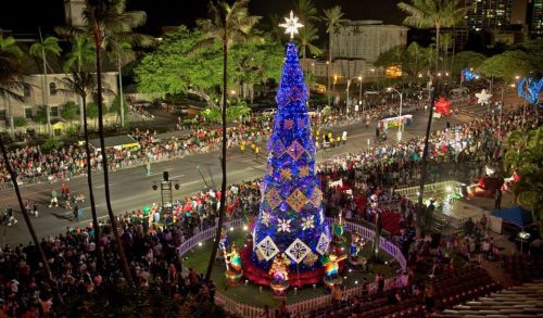 A brightly lit Christmas tree surrounded by a festive crowd at night, with palm trees and decorations in the background.