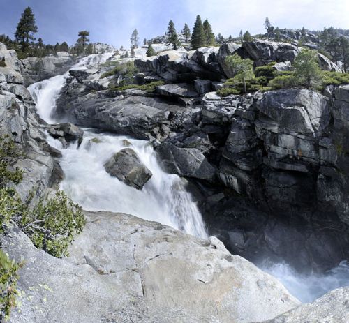 A scenic view of a waterfall cascading over rocky terrain, surrounded by trees and a clear blue sky.
