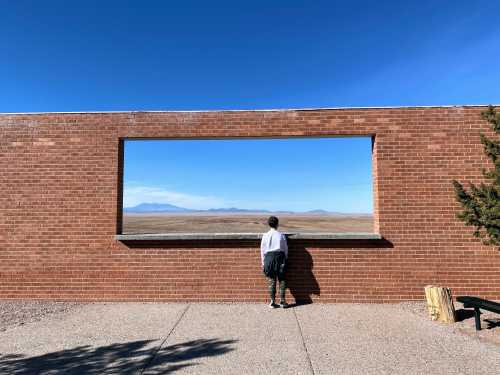 A person stands by a brick wall with a large window, gazing at a vast landscape and distant mountains under a clear blue sky.