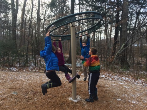 Children play on a spinning playground structure in a wooded area, enjoying a winter day.