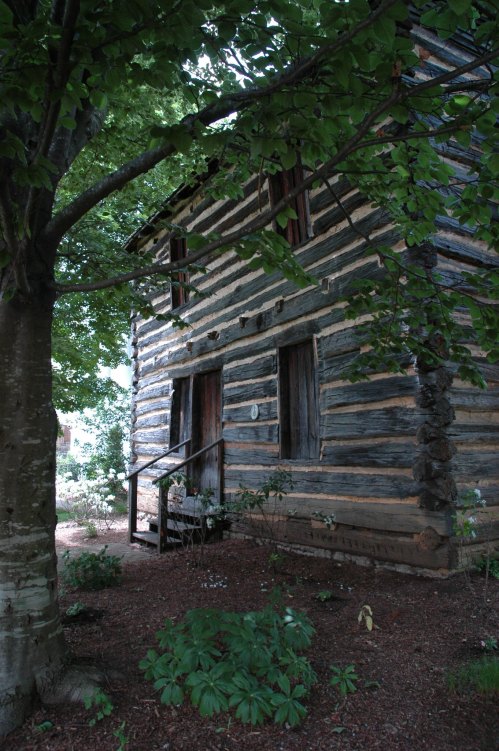 A rustic log cabin surrounded by trees and greenery, featuring wooden steps and windows.