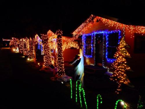 Colorful holiday lights adorn houses and trees, creating a festive atmosphere at night.