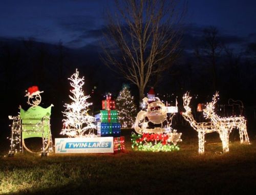Colorful holiday lights display featuring a snowman, Christmas tree, presents, Santa, and a reindeer at night.